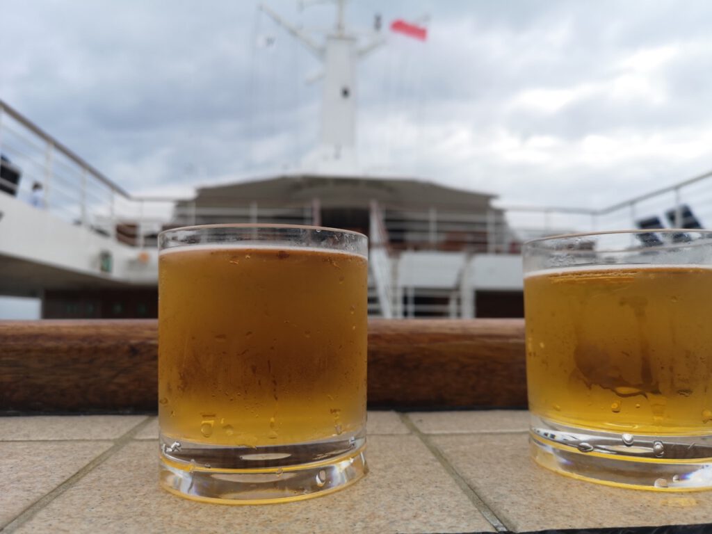 Enjoying a beer in the hot tub aboard Windstar Cruise's Star Pride in the Caribbean