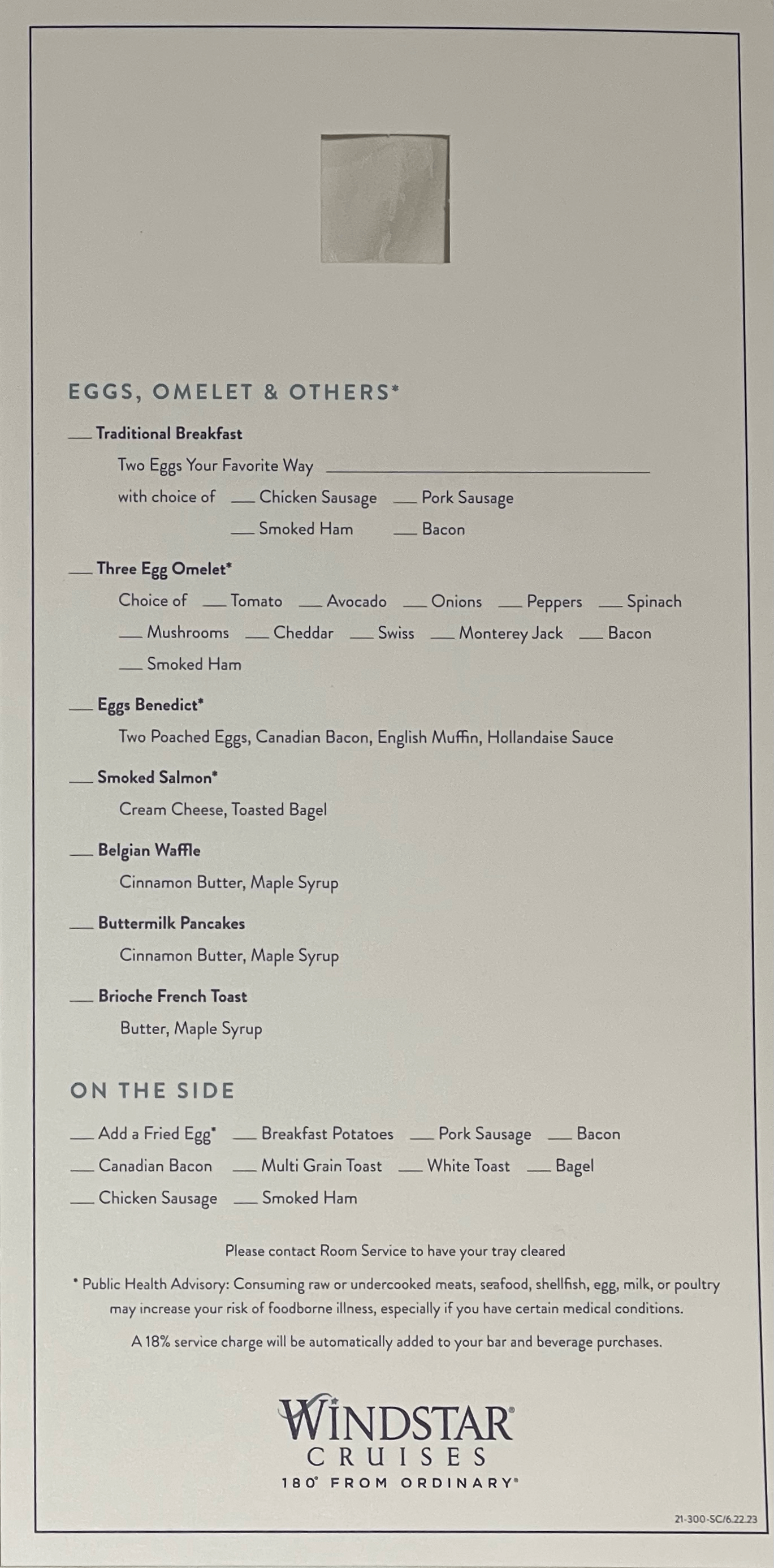 Windstar Cruises Breakfast Room Service Menu (Page 2)