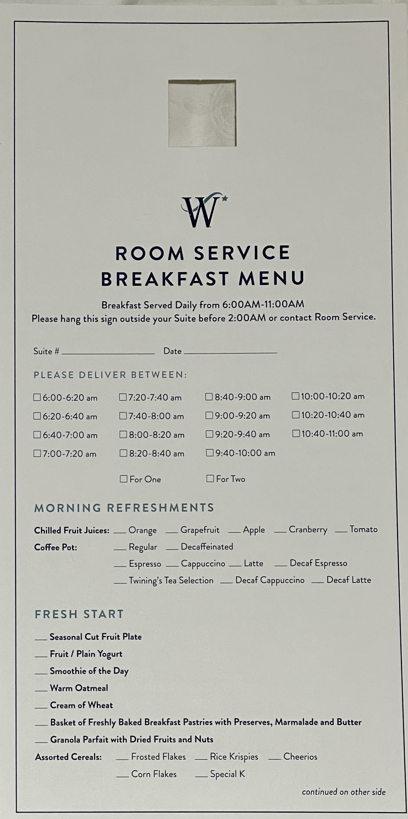 Windstar Cruises Breakfast Room Service Menu (Page 1)