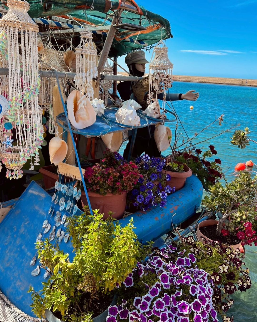 Chania fishing boat selling sea sponges and shells