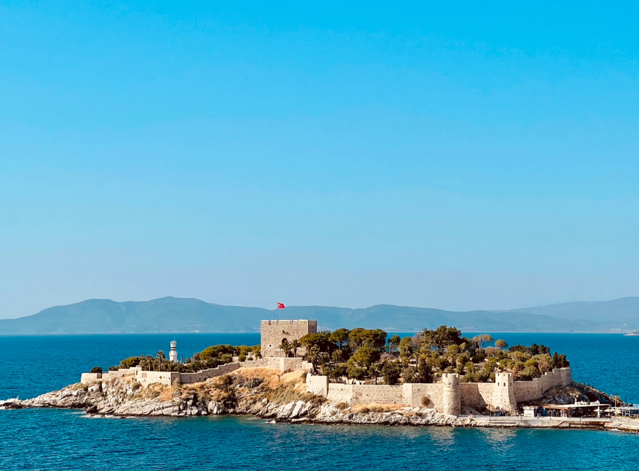 Güvercinada (pigeon) Island in Kusadasi Island which is home to a Ottoman citadel