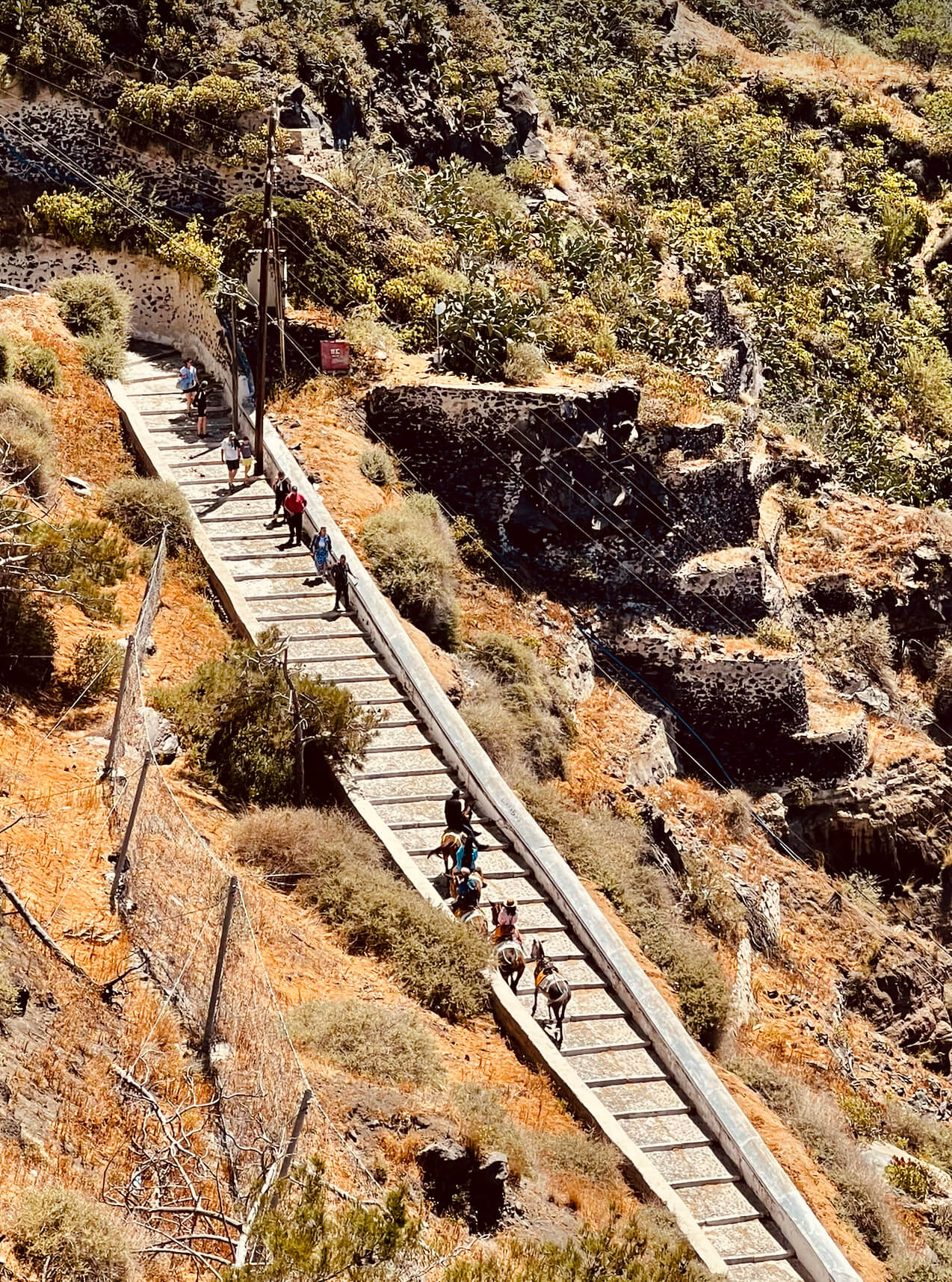 Karavolades Stairs, or Donkey Path as seen from the cable car in Santorini