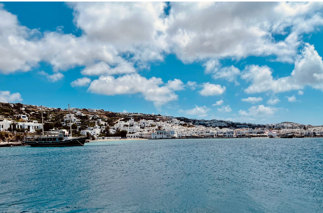 Mykonos Town seen from the shuttle bus drop off point