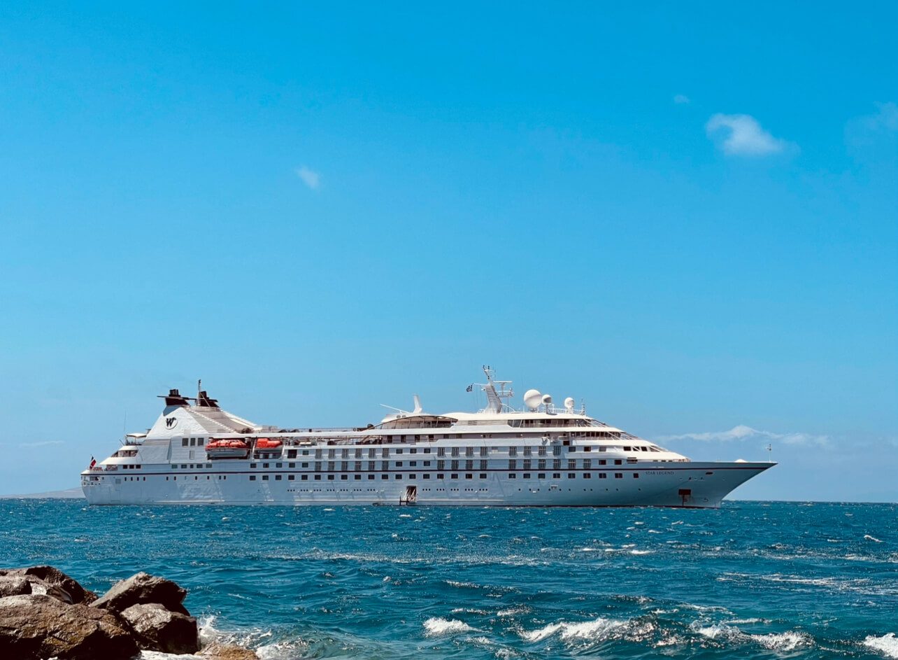 Star Legend at anchor lying off the coast at Mykonos